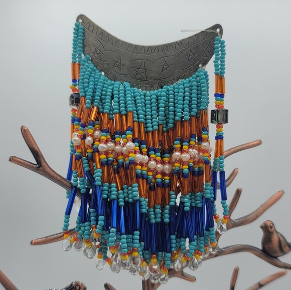 Jewelry - Artisan Beaded Crescent Fringe Brooch Glass Bead Statement Orange Blue Turquoise